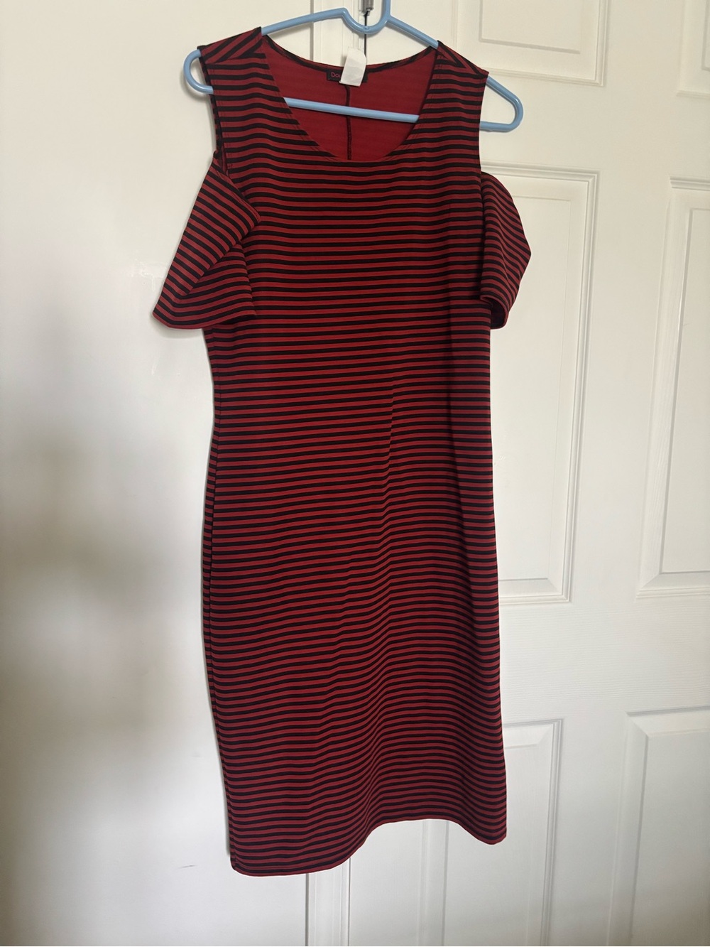 Cold-Shoulder Red and Black Striped Midi Dress